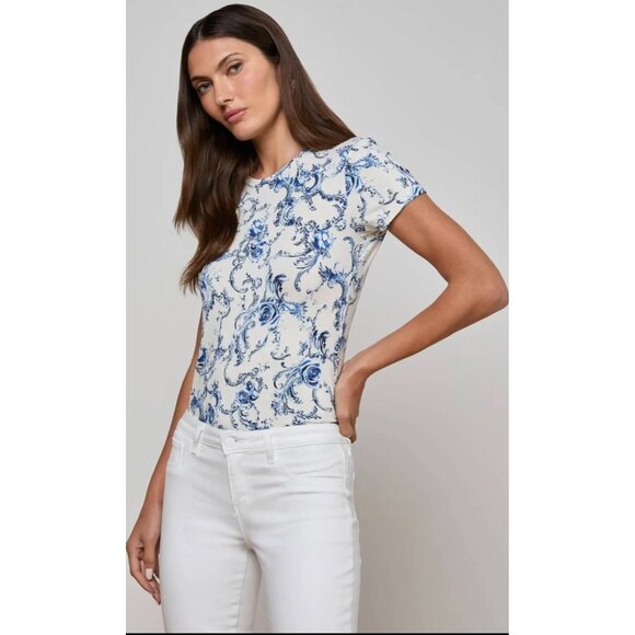 L’AGENCE Silk Toile T Shirt Blue White XS New With Tags - Picture 6 of 15